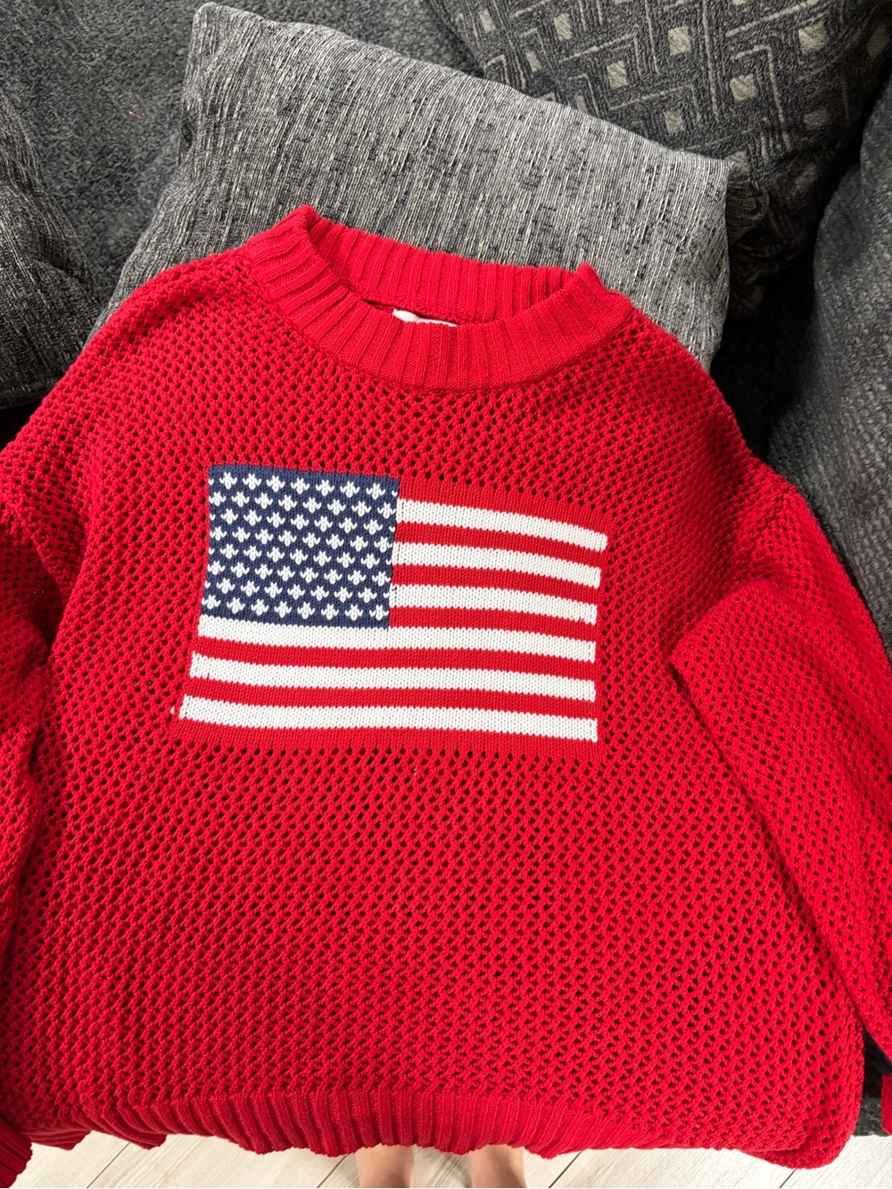 Maurices Red Crewneck Sweater with Blue and White Flag Intarsia